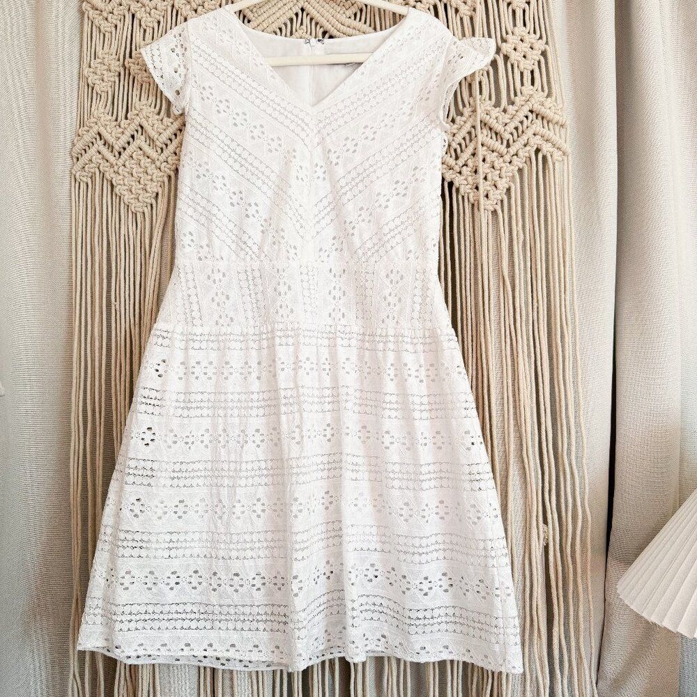 LOFT White Eyelet V‑Neck Fit & Flare Mini Dress - Cap Sleeves